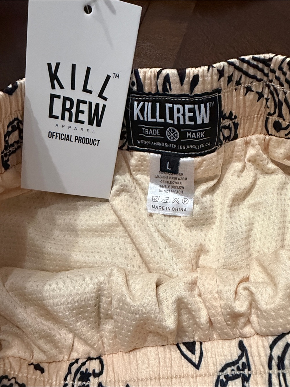 KILL CREW Beige and Black Paisley Drawstring Shorts - Picture 2 of 2